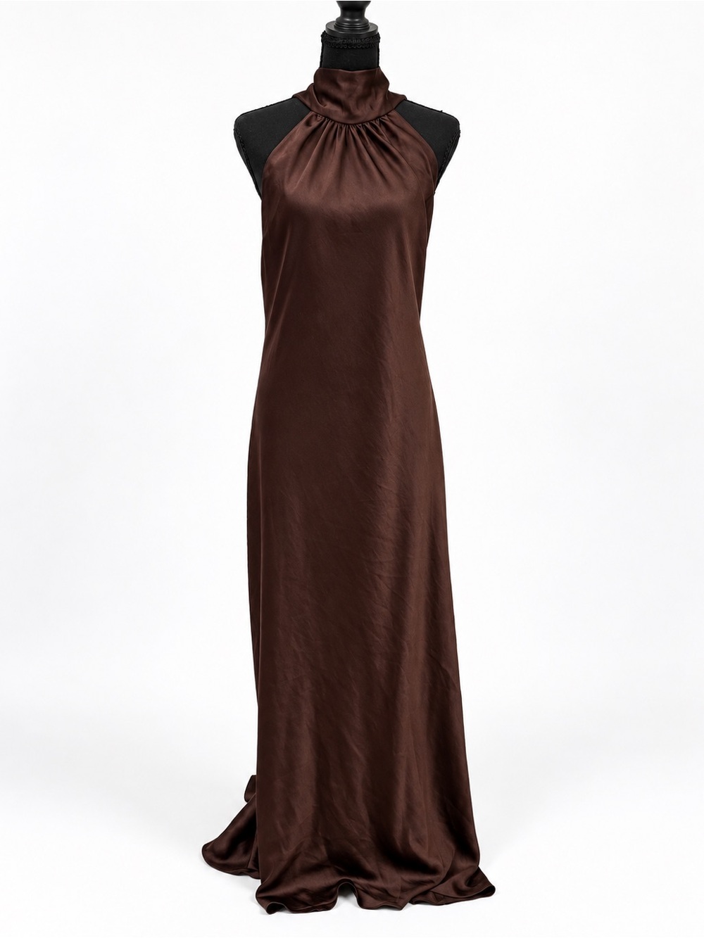 Zara Chocolate Brown Satin Halter Maxi Dress
